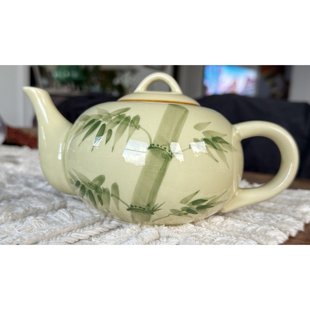 World Market Bamboo Themed Ceramic Teapot Hand Painted Bamboo Motif Zen Tea